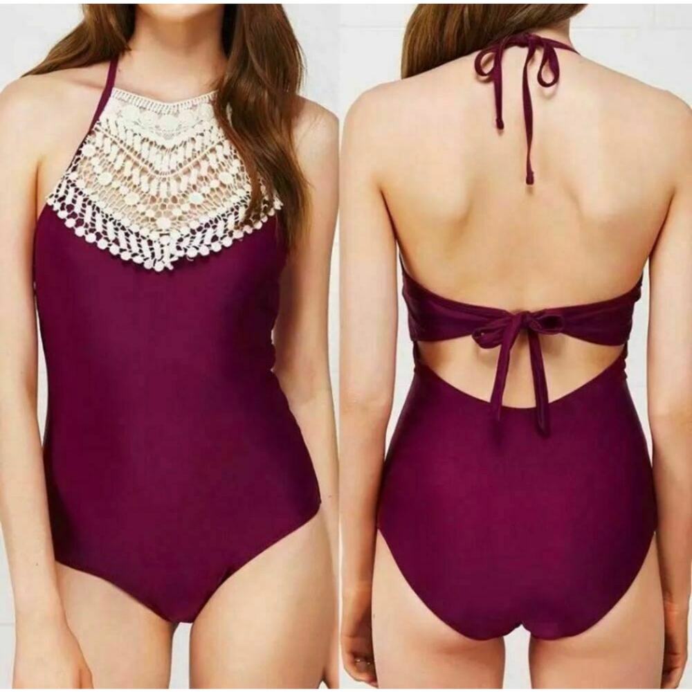 Cupshe maroon boho crochet one piece swimsuit womens small NEW